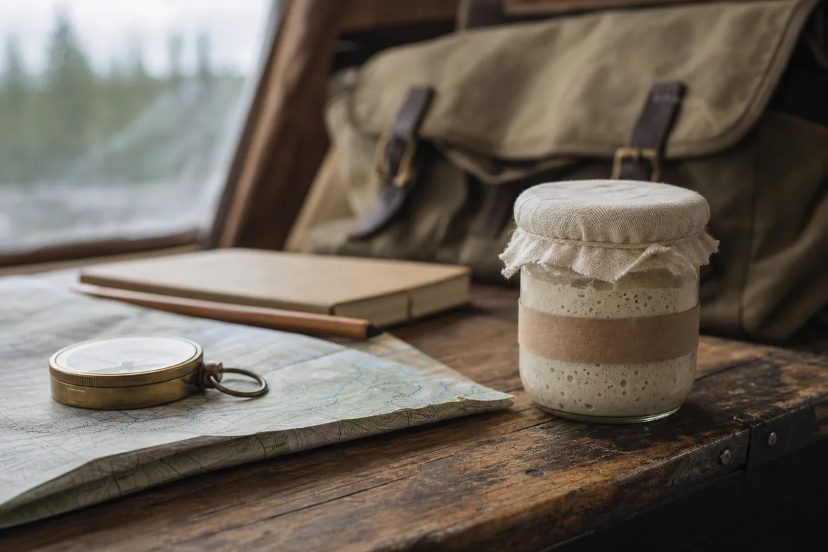 Sourdough starter beside a field map and compass