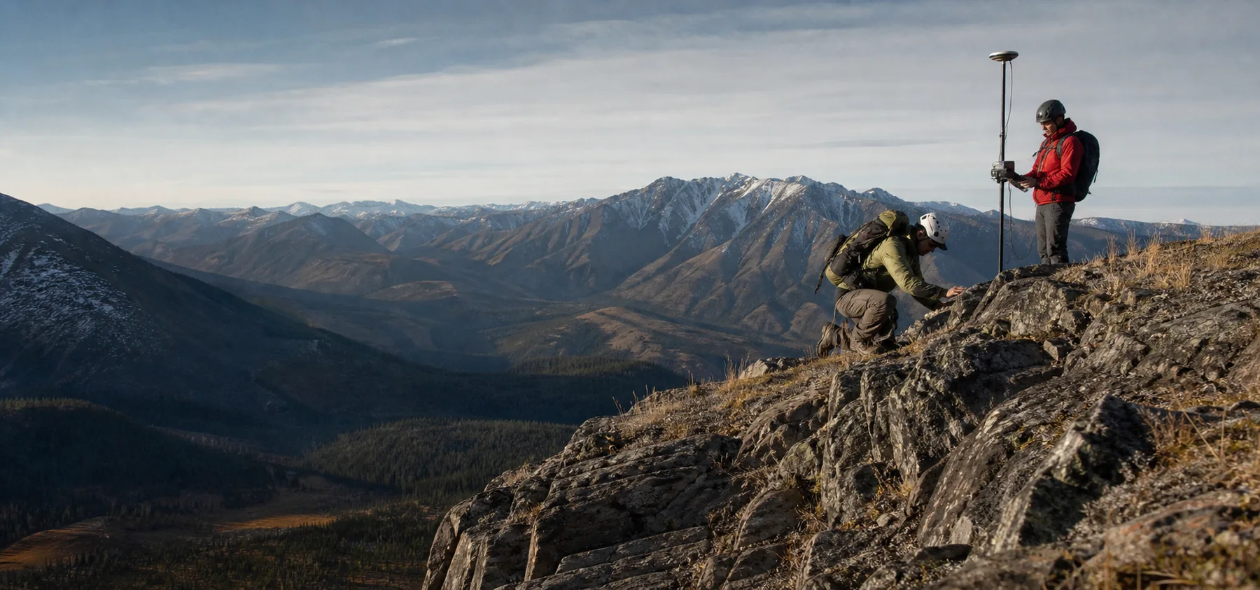 Exploration crew conducting a field survey on a Yukon mountain ridge